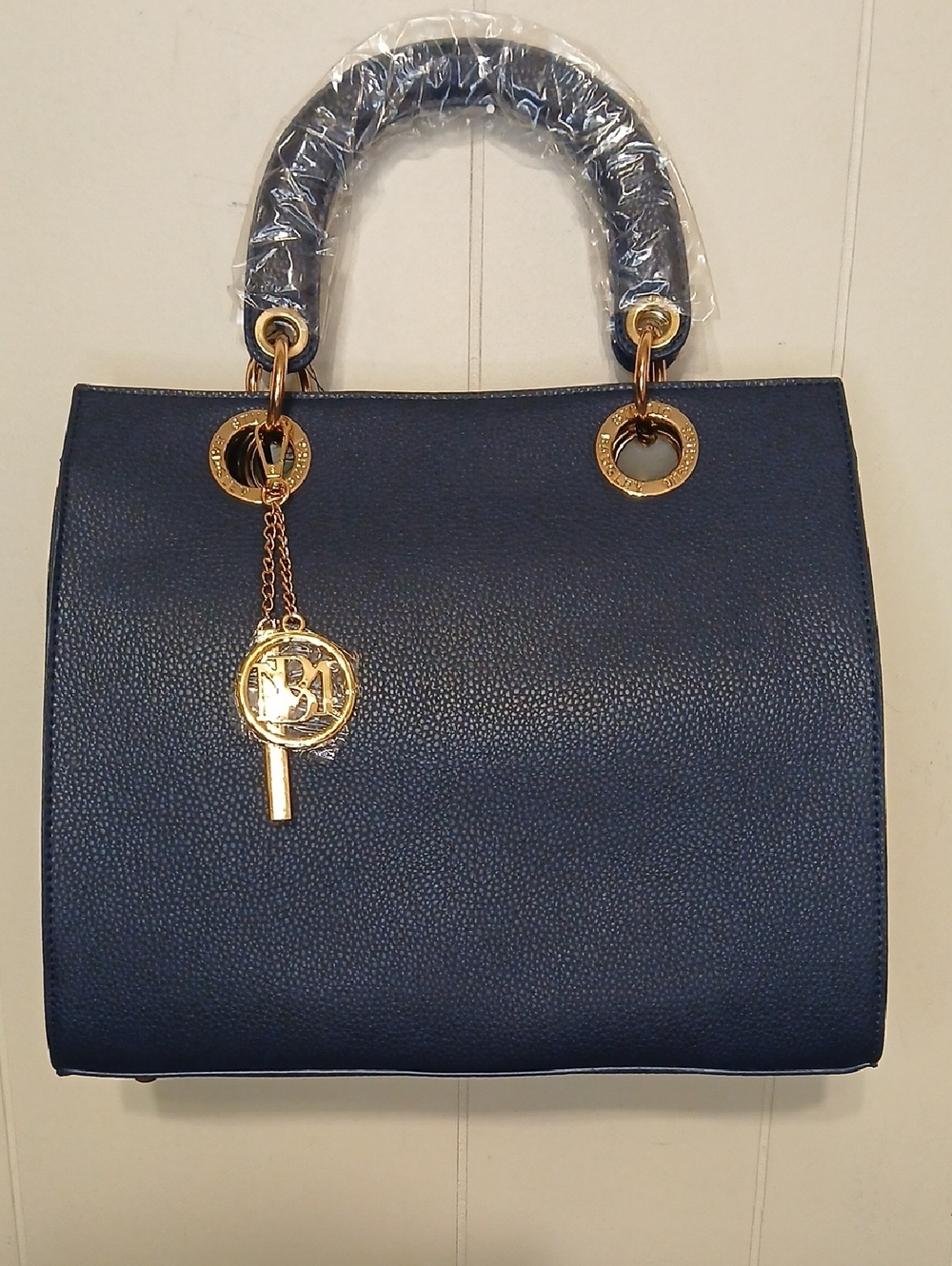 Badgley Mischka Elegant Navy Tote Bag with Gold Accent Charm